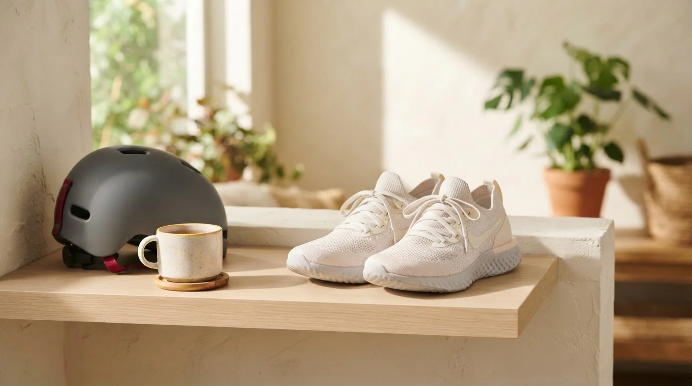 Sportschuhe Fahrradhelm und Keramiktasse auf einem Holzregal