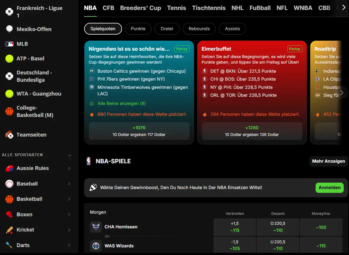 Navigation durch Sportarten und Ligen im DraftKings Sportsbook
