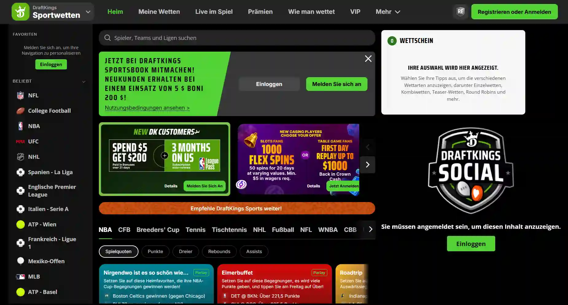 DraftKings Sportsbook: Startseitenübersicht mit Hauptnavigation und Sportarten