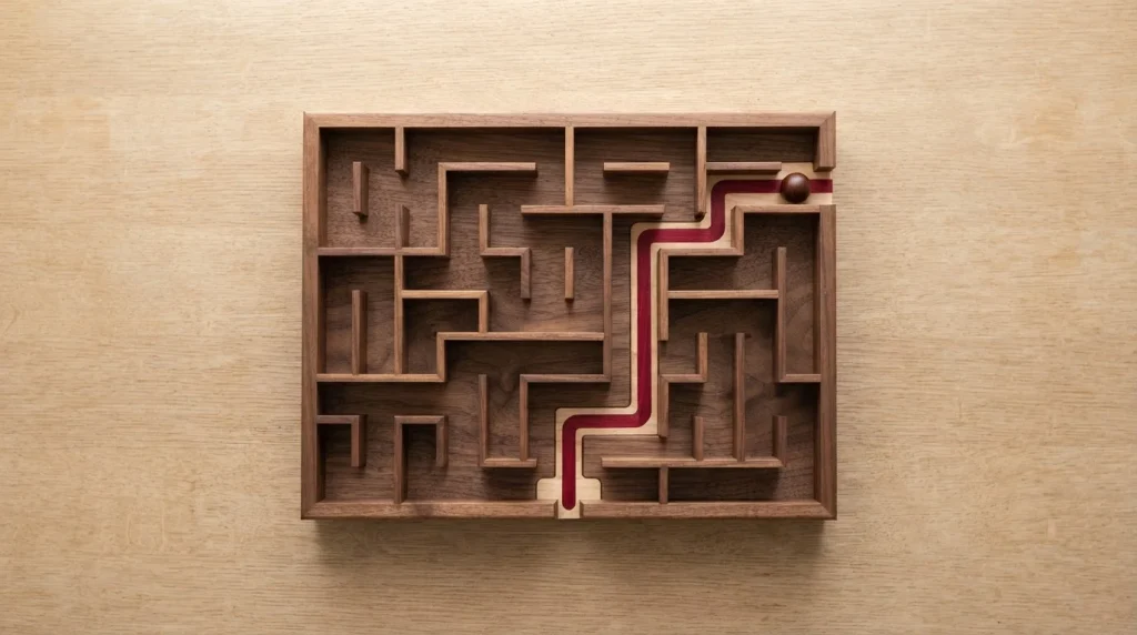 Geometrisches Steinlabyrinth mit breiten Wegen und einem markierten zentralen Verlauf