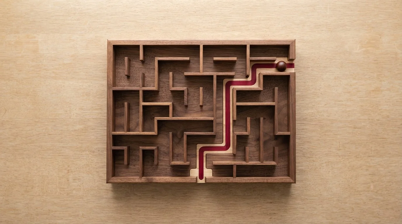Geometrisches Steinlabyrinth mit breiten Wegen und einem markierten zentralen Verlauf