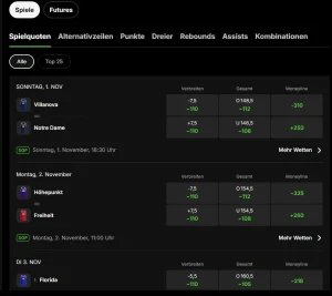 Sportartenmenü im DraftKings Sportsbook mit Ligabezeichnungen und verfügbaren Quoten